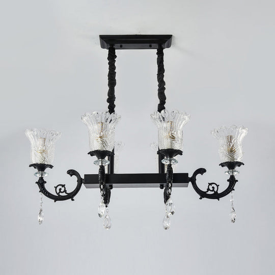 Modern 6-Head Pendulum Island Pendant Lamp With Black Finish Clear Crystal Accents