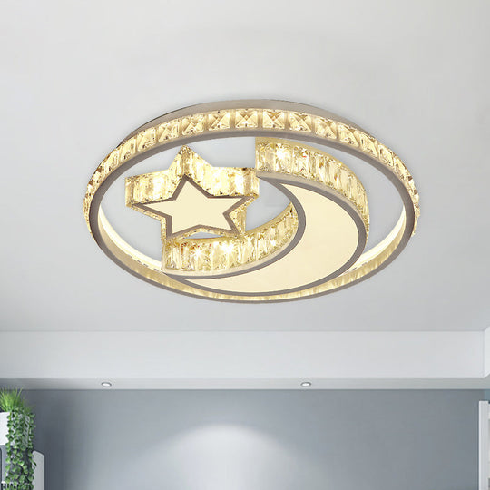 Modern Crystal Moon and Star LED Ceiling Flush Light for Bedrooms – White Flush Mounted Lamp