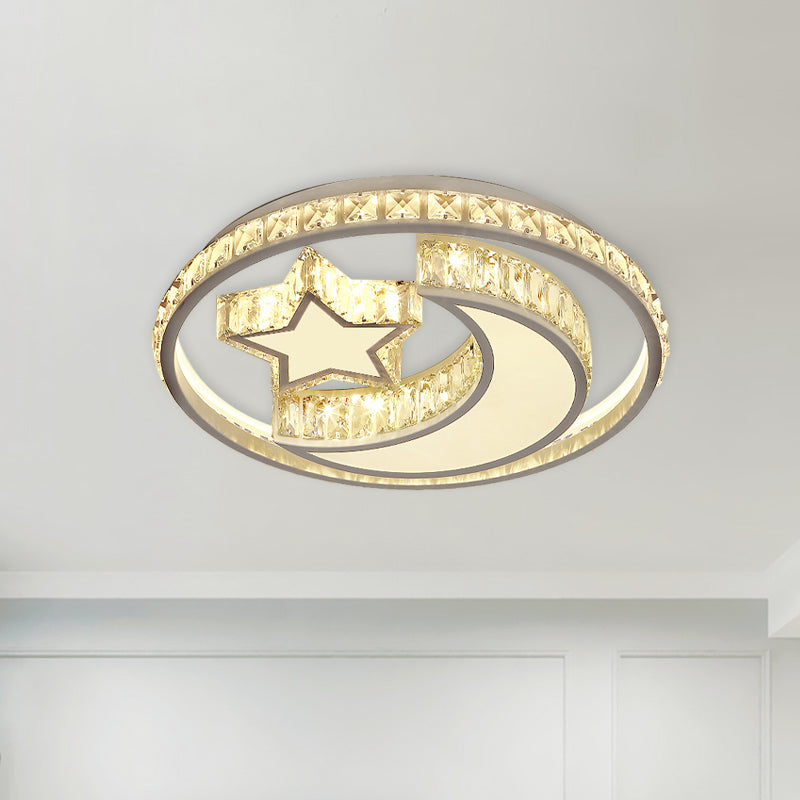 Modern Crystal Moon and Star LED Ceiling Flush Light for Bedrooms – White Flush Mounted Lamp