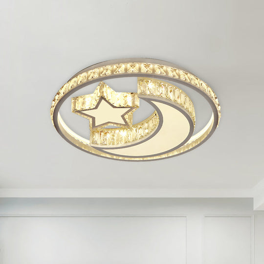 Modern Crystal Moon and Star LED Ceiling Flush Light for Bedrooms – White Flush Mounted Lamp