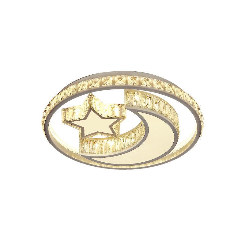 Modern Crystal Moon and Star LED Ceiling Flush Light for Bedrooms – White Flush Mounted Lamp