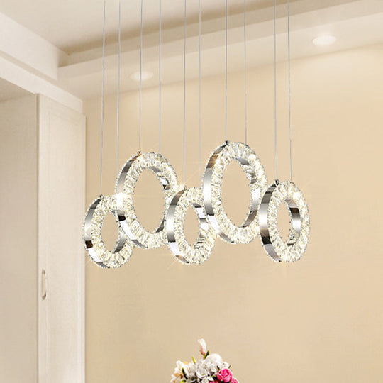 Contemporary Pendant Hanging Lamp With Crystal-Encrusted Circles - Nickel Finish 5 Lights