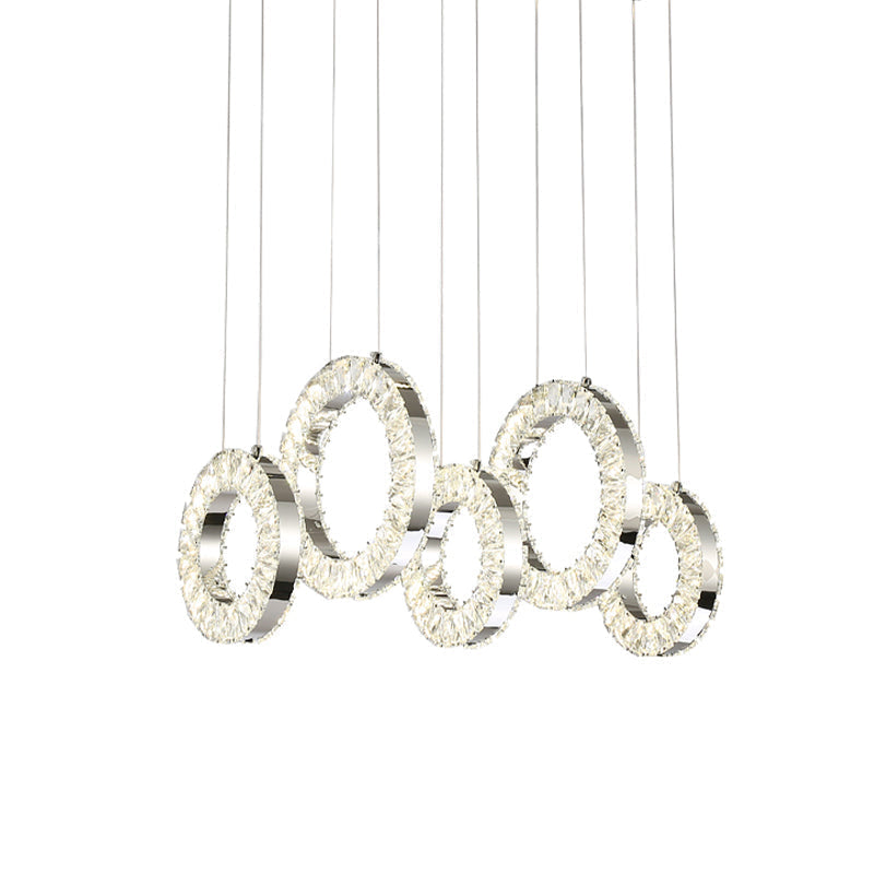 Contemporary Pendant Hanging Lamp With Crystal-Encrusted Circles - Nickel Finish 5 Lights