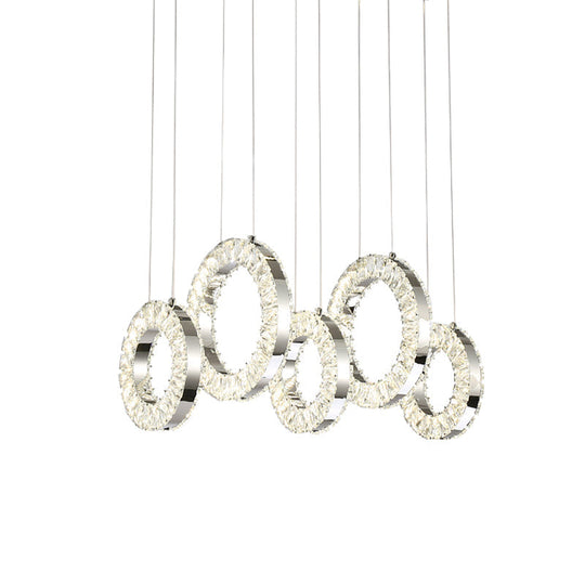 Contemporary Pendant Hanging Lamp With Crystal-Encrusted Circles - Nickel Finish 5 Lights