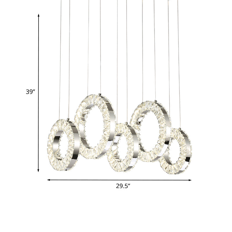 Contemporary Pendant Hanging Lamp With Crystal-Encrusted Circles - Nickel Finish 5 Lights