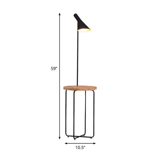 Modern Metallic Black Reading Floor Lamp With Wide Flared Shade & Wood Shelf