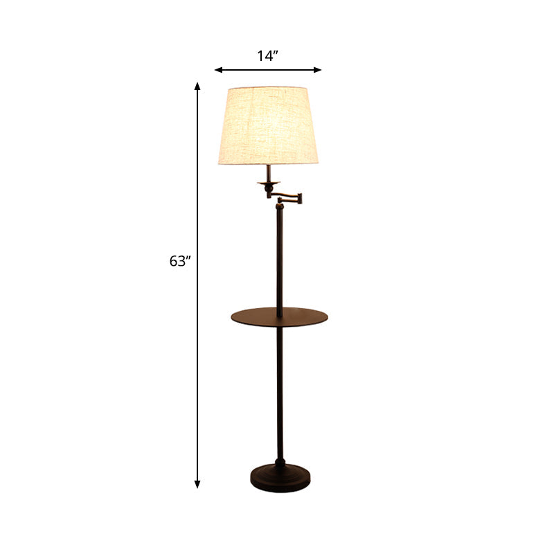 Modern Black Finish Floor Lamp With Shelf And White Fabric Shade