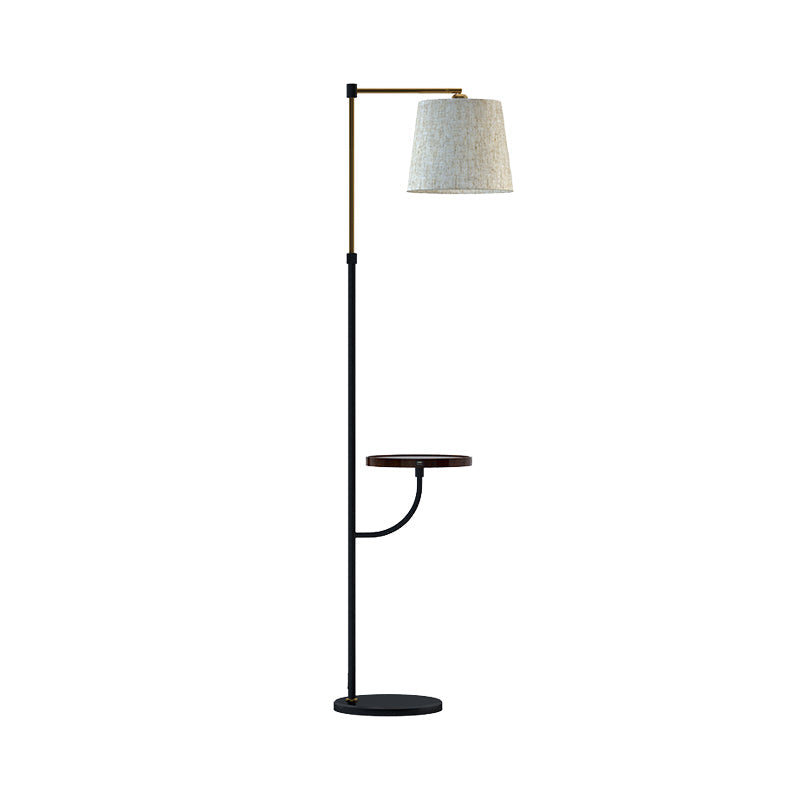 Modern Metal Floor Lamp With Right Angle Arm Barrel Beige Shade In Black-Gold - 1 Light For Living