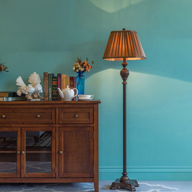 Classic Dark Coffee Plated Fabric Floor Lamp With Wood Base - Trapezoid Shade 1 Bulb