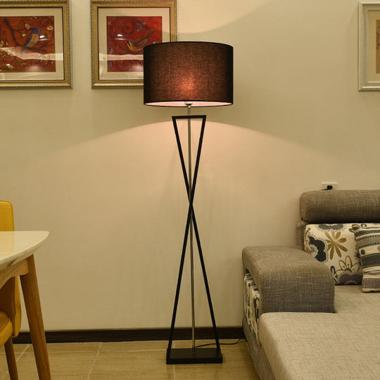 Modern Crossing Line Iron Stand-Up Lamp | 1-Bulb Reading Floor With Drum Shade (White/Black)