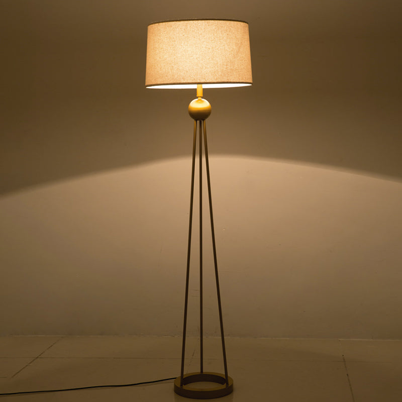Modernist 1-Light Tripod Floor Lamp In White/Black/Flaxen With Drum Fabric Shade For Living Room