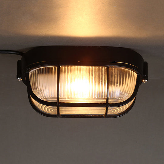 Black Ribbed Glass Ceiling Lamp with Wire Cage - Half-Capsule Mini Flush Light for Farmhouse, 1 Bulb