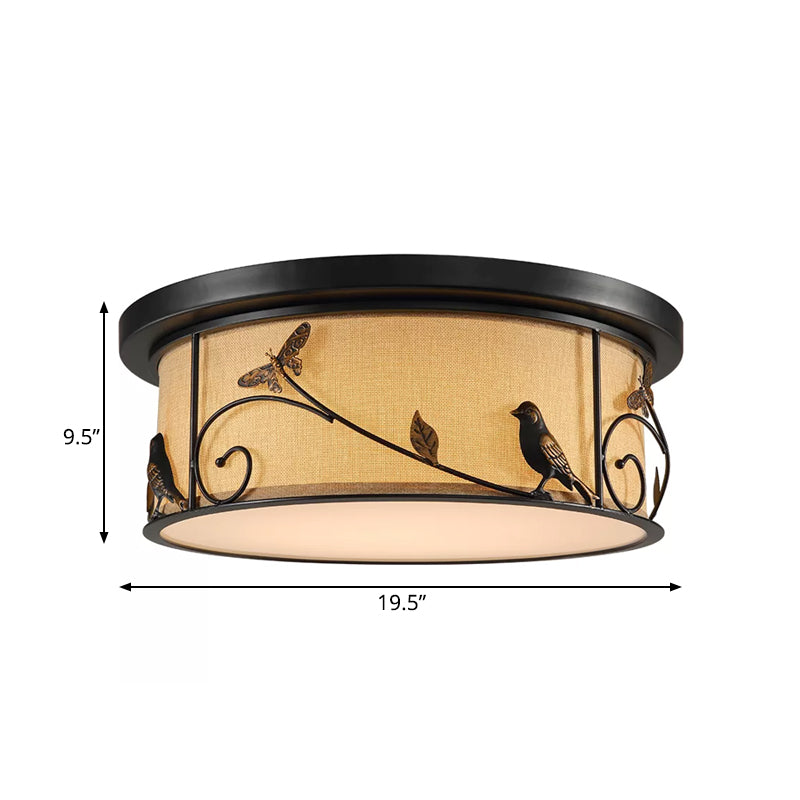 Black Fabric Drum Flush Mount LED Ceiling Light with Pastoral Scene Decor - Cottage Bedroom Flushmount Lighting