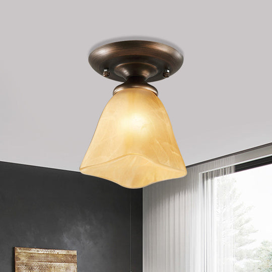 Cloudy Glass Tan Flushmount Cowbell Shaped Rural Ceiling Light for Stairs
