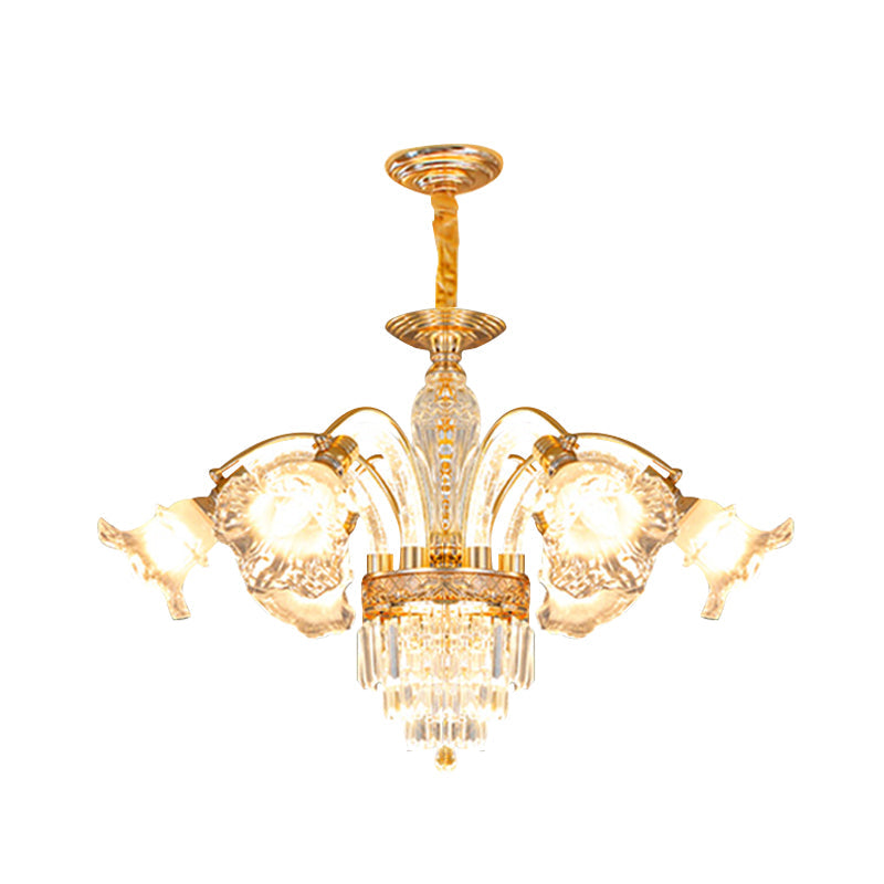 European Crystal Flute Chandelier - 6-Bulb Gold Suspension Lamp