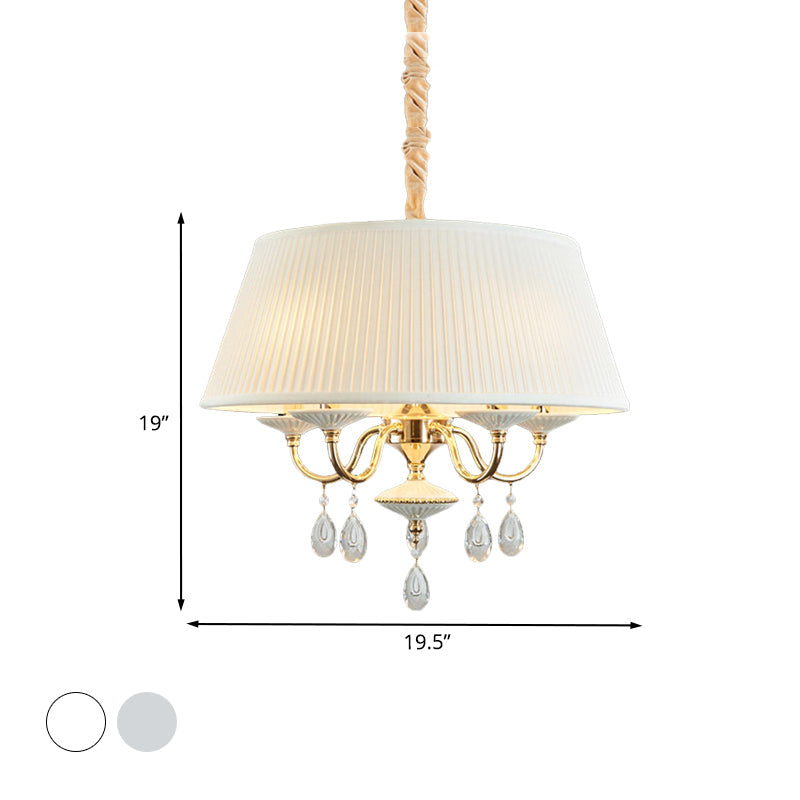 Minimalist Drum Chandelier With Crystal Droplet - 4 Heads Pendant Lamp In White/Grey
