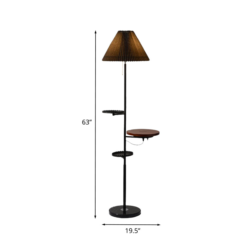 Modern Cone Stand Up Lamp: 1-Bulb Floor Reading Light With Wood Shelves In Black