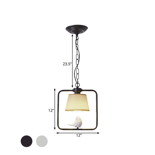 Classic Black/White Cone Ceiling Pendant Light - Ideal For Coffee Shop Décor Square Frame With Bird
