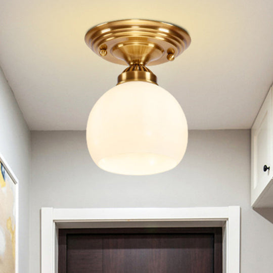 Classic 1-Light Glass Flush Mount Lamp In Brass - Globe/Cone Design For Corridor Ceiling Lighting