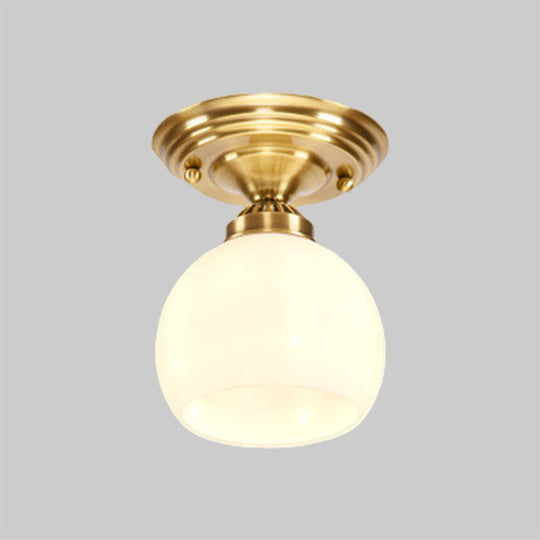 Classic 1-Light Glass Flush Mount Lamp In Brass - Globe/Cone Design For Corridor Ceiling Lighting
