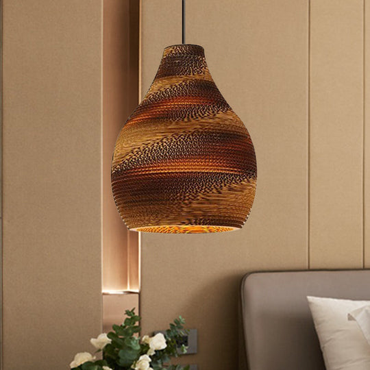 Asian Style Hanging Lamp - Paper Dome Shade Ceiling Drop Light (1 Bulb) in Brown for Restaurants - 10"/14"/16"/22" Diameter