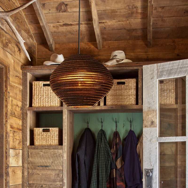 Asian Style Hanging Lamp - Paper Dome Shade Ceiling Drop Light (1 Bulb) in Brown for Restaurants - 10"/14"/16"/22" Diameter