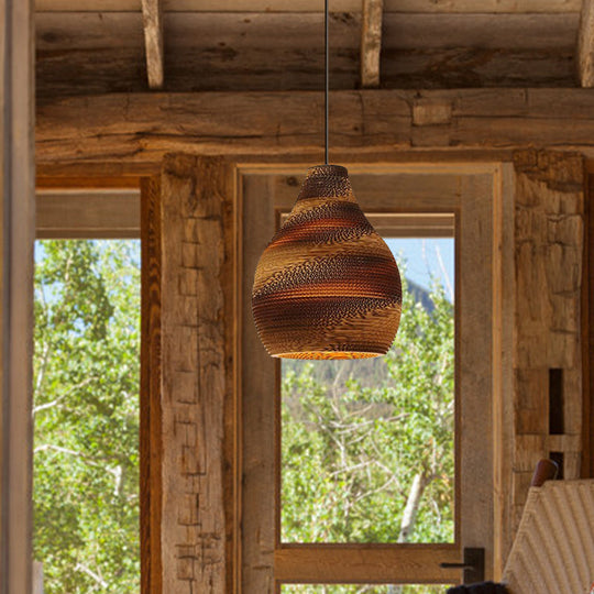 Asian Style Dome Shade Hanging Lamp In Brown For Restaurants - 1 Bulb Ceiling Light 4 Sizes