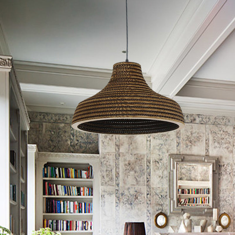 Asian Style Dome Shade Hanging Lamp In Brown For Restaurants - 1 Bulb Ceiling Light 4 Sizes