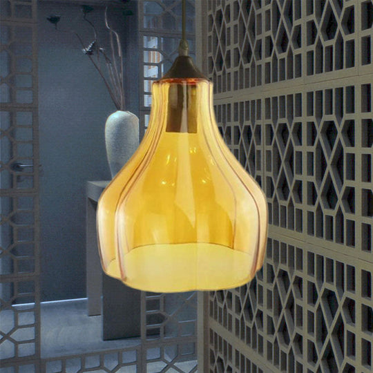 Contemporary 1-Light Yellow/Green/Clear Glass Gourd Suspension Pendant - Stylish Black Hanging Lamp for Restaurants