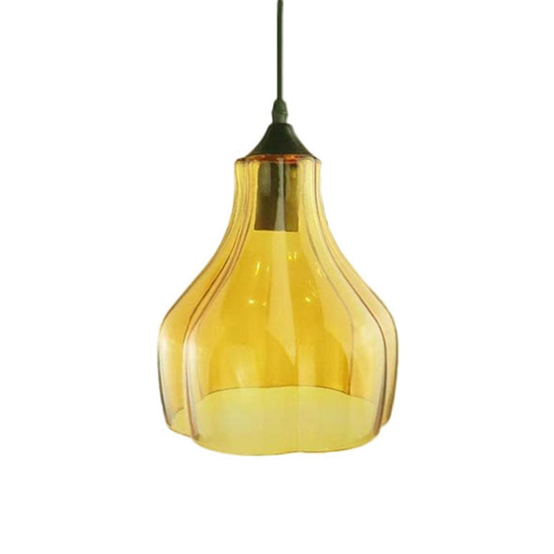 Contemporary 1-Light Yellow/Green/Clear Glass Gourd Suspension Pendant - Stylish Black Hanging Lamp for Restaurants