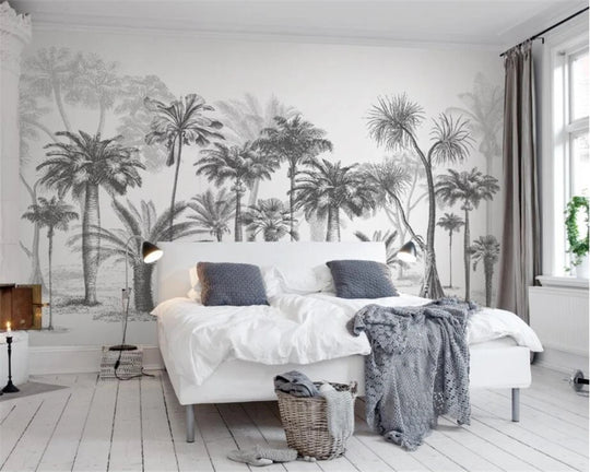 Custom 3D Black & White Tree Mural – Tropical Rainforest Self-Adhesive Wallpaper
