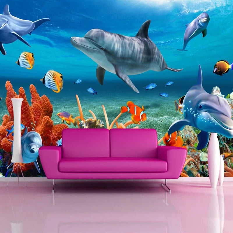 Bria Custom 3D Mural Wallpaper For Kids Underwater Dolphin Fish Wall Paper