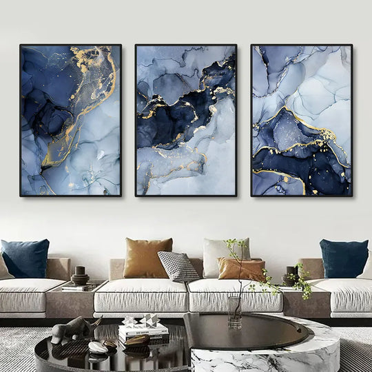Camryn 3pcs Modern Gold Blue Marble Wall Art Posters