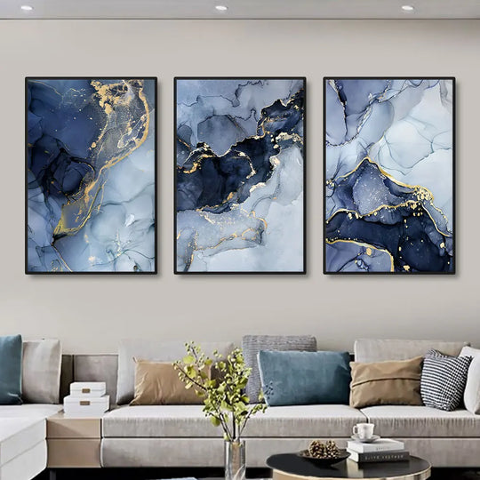 Camryn 3pcs Modern Gold Blue Marble Wall Art Posters
