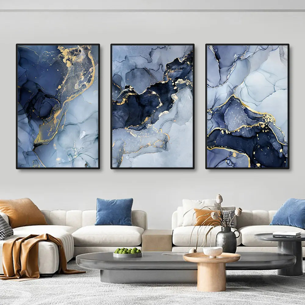 Camryn 3pcs Modern Gold Blue Marble Wall Art Posters