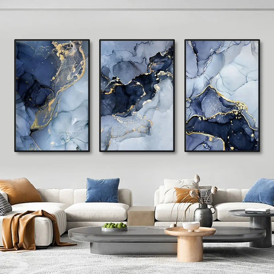 Camryn 3pcs Modern Gold Blue Marble Wall Art Posters