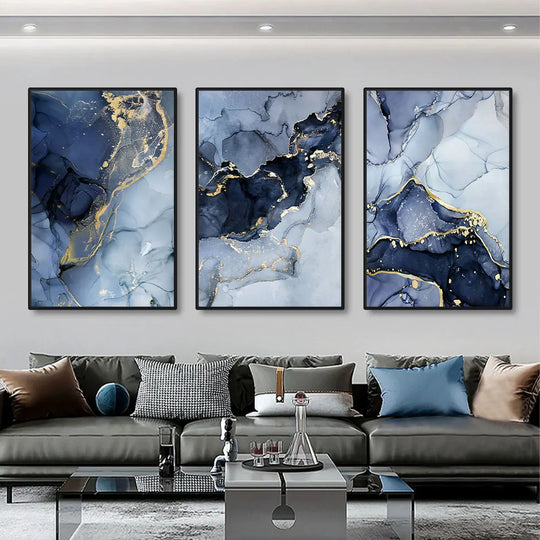 Camryn 3pcs Modern Gold Blue Marble Wall Art Posters
