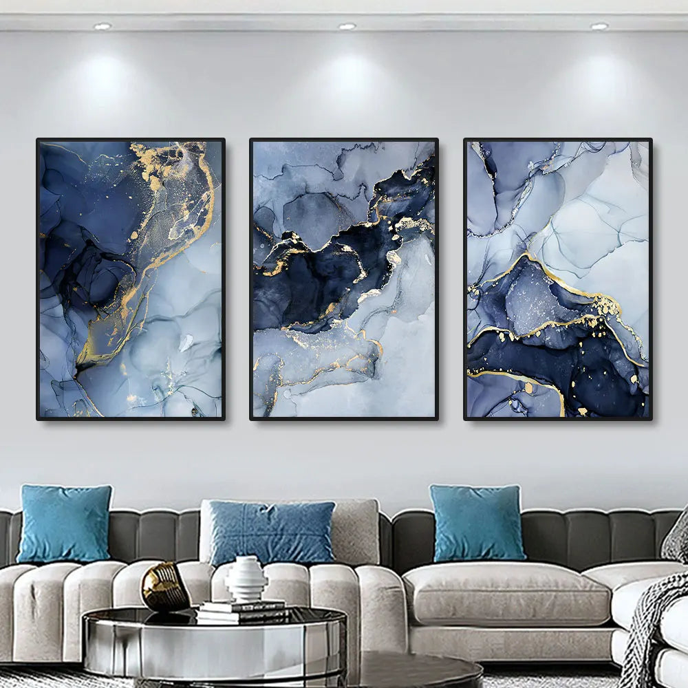 Camryn 3pcs Modern Gold Blue Marble Wall Art Posters