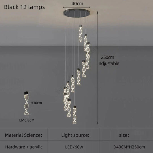 Alura - Designer Spiral Chandelier Black 12 Lamps / White Light