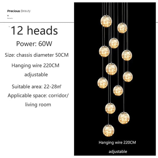 Raloo - Modern Led Glass Ball Chandelier 12 Heads / Transparent Glass Cold White